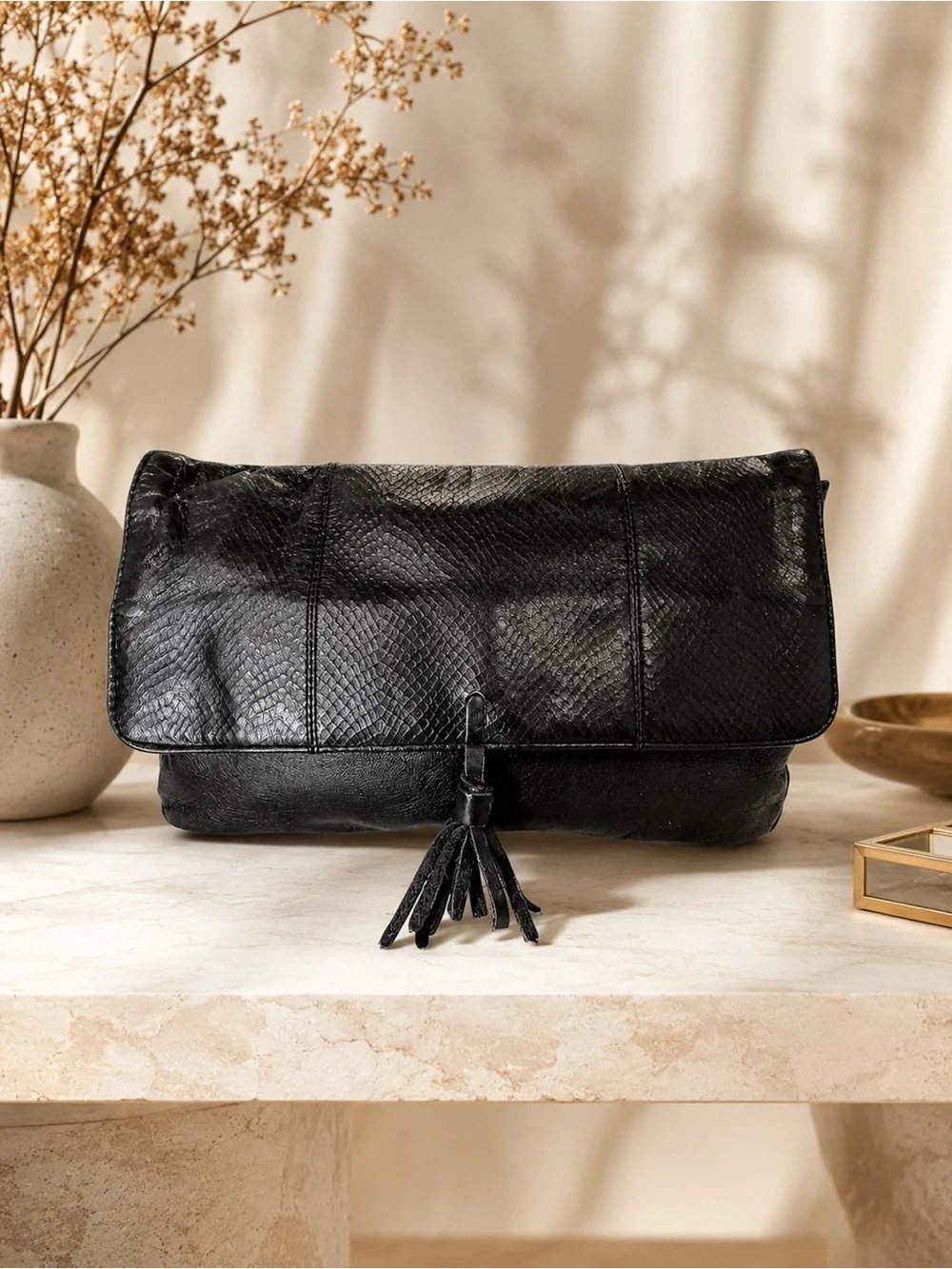 VTG Genuine Leather Black Tassel Clutch Oversized Foldover Purse Snake Texture